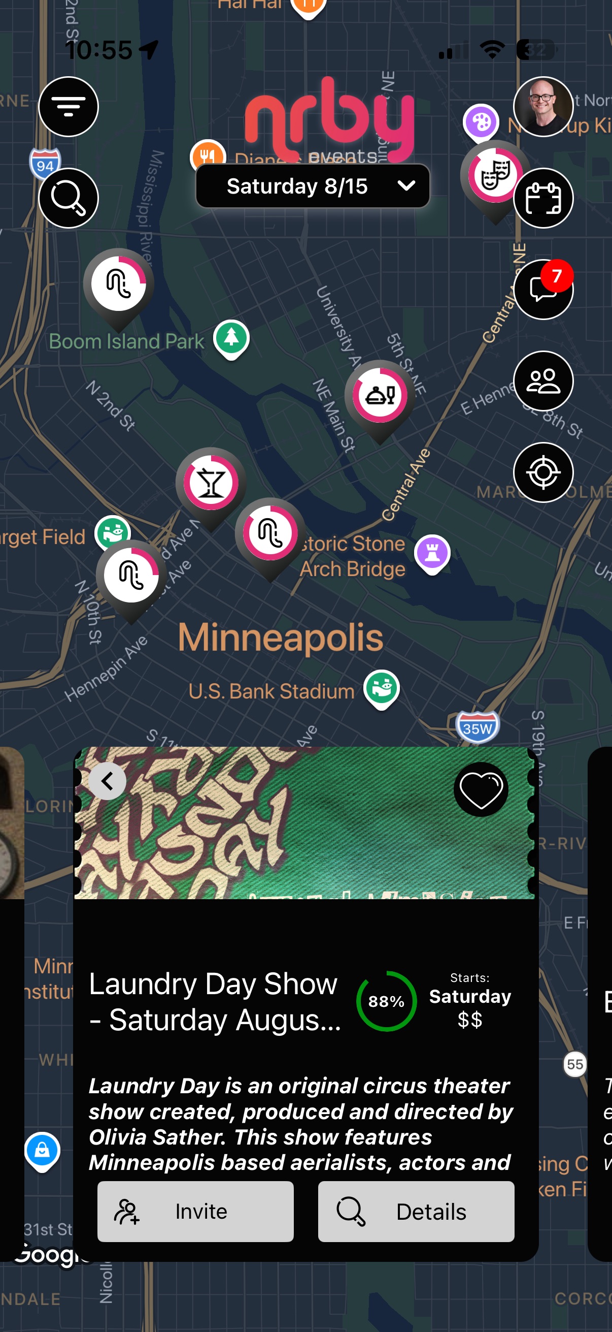 Discovery in the Nrby app: nearby events on a live map, with dates and details a tap away.