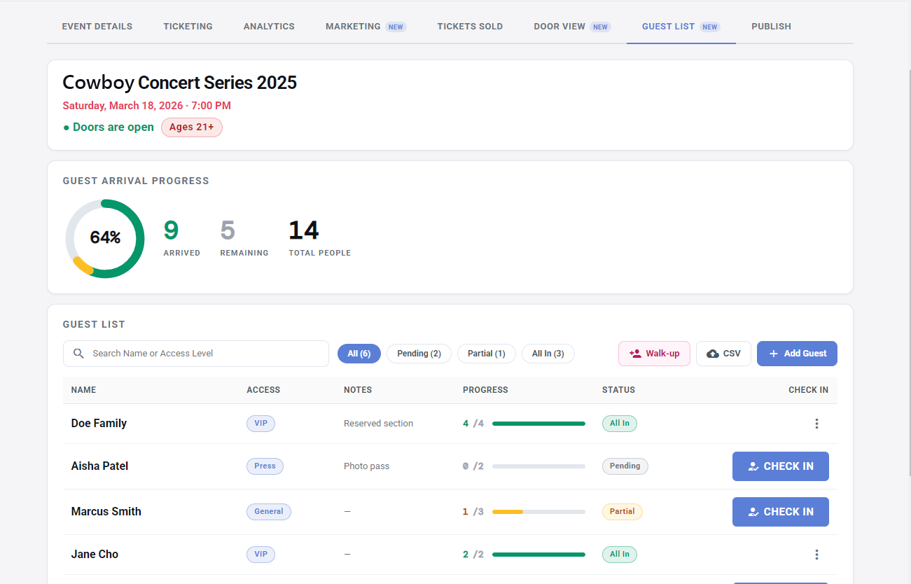 The Guest List tab on event night: arrival progress, search, filters, access levels, and a party-size bar for every guest.