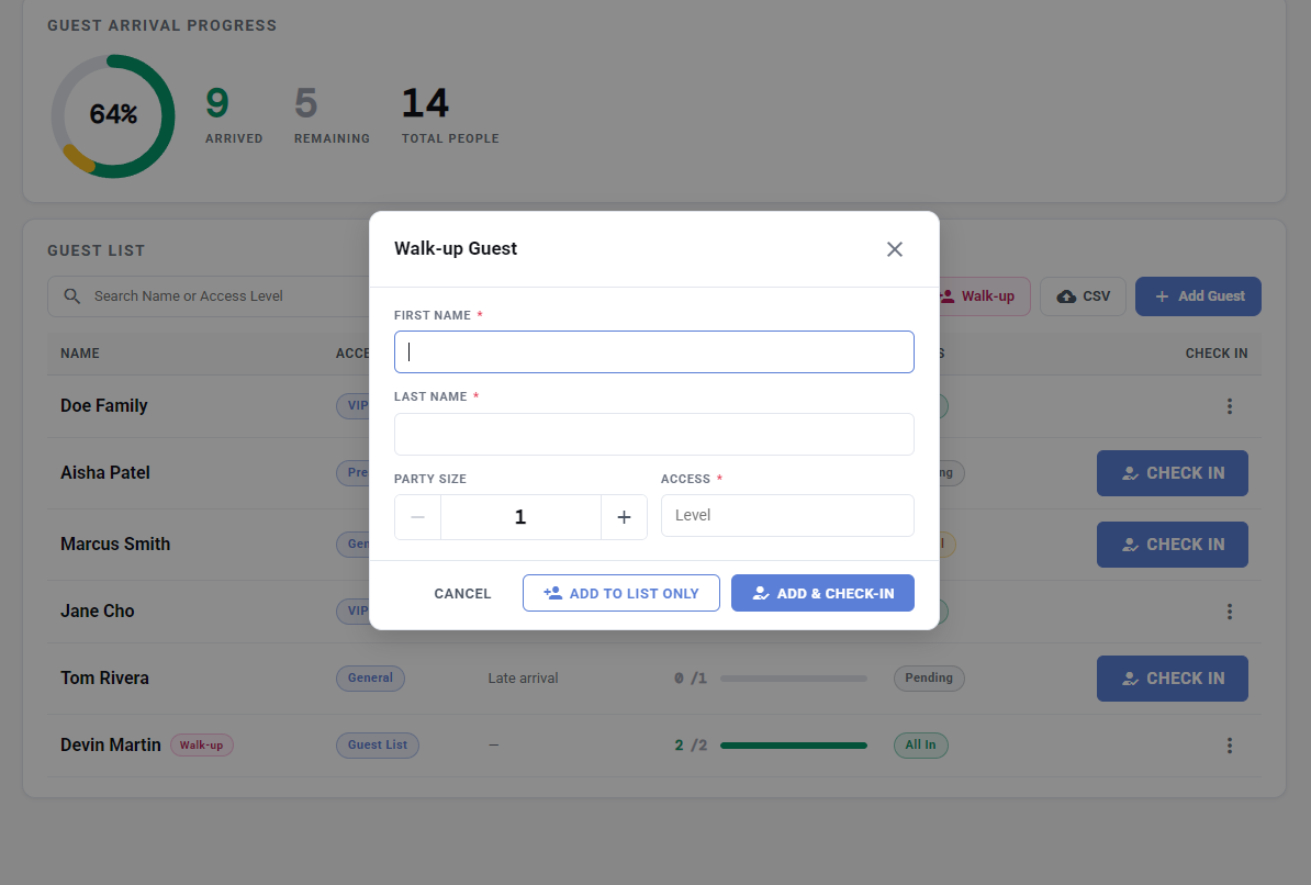 Adding a walk-up guest: name, party size, access level, and one button to add and check them straight in.
